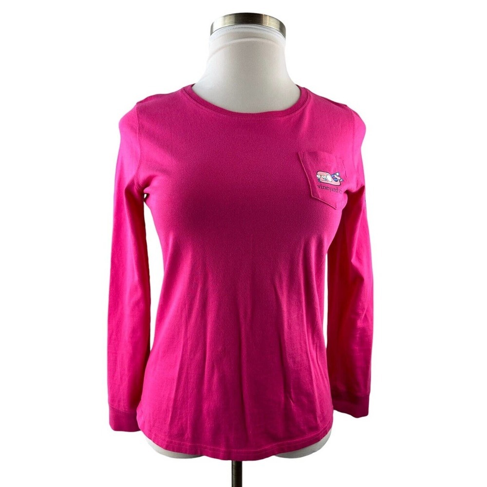 Vineyard Vines Long Sleeve Snow Bunny Whale Pocket Tee Pink Shirt Women's Small - Picture 3 of 14